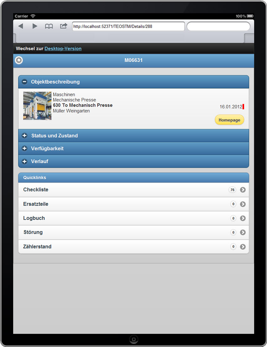 Details eines Instandhaltungsobjekts