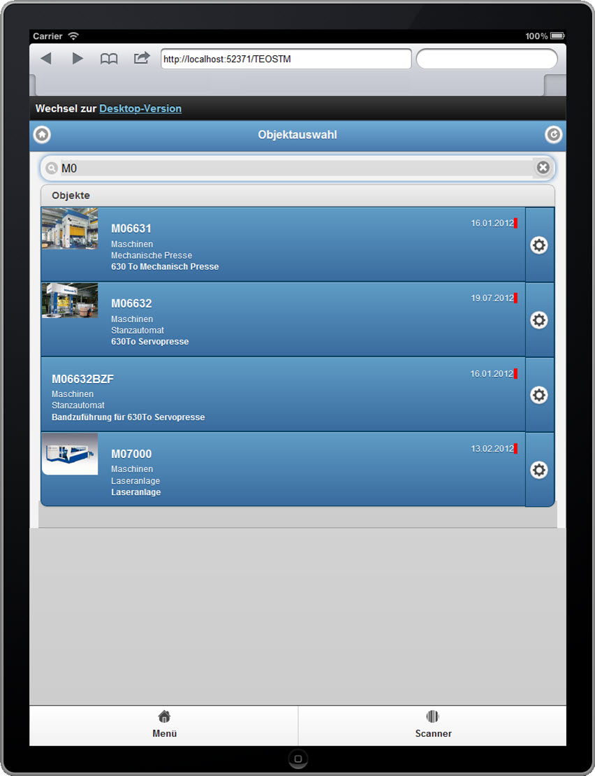 Übersicht der Instandhaltungsobjekte